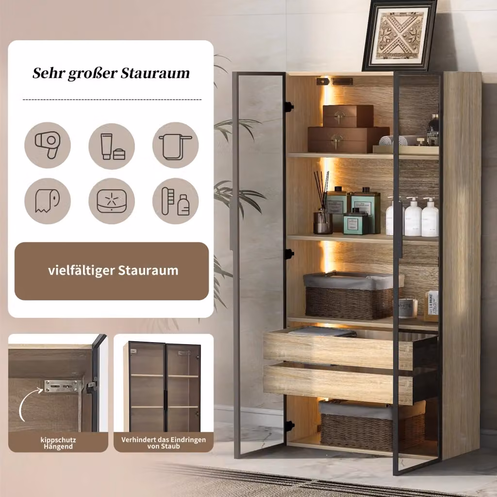 Armadio da bagno REDOM in MDF naturale con ante in vetro satinato e illuminazione LED, Larghezza: 73 cm – 2
