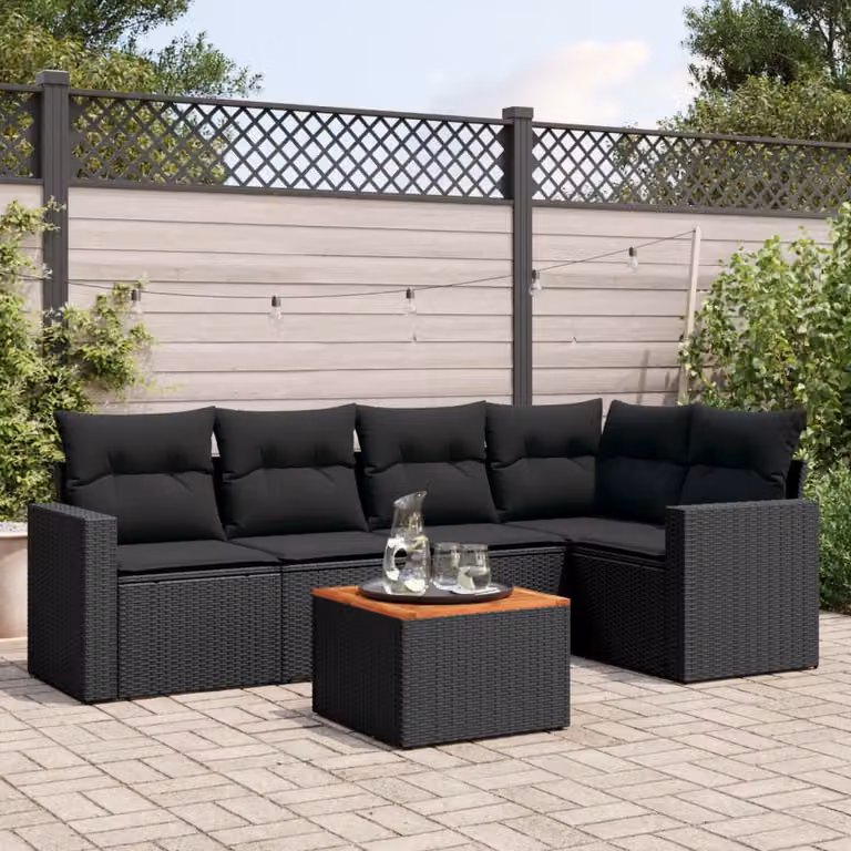 Set Divano da Giardino vidaXL 6 pz a L in Polyrattan Nero con Cuscini e Tavolino da Caffè