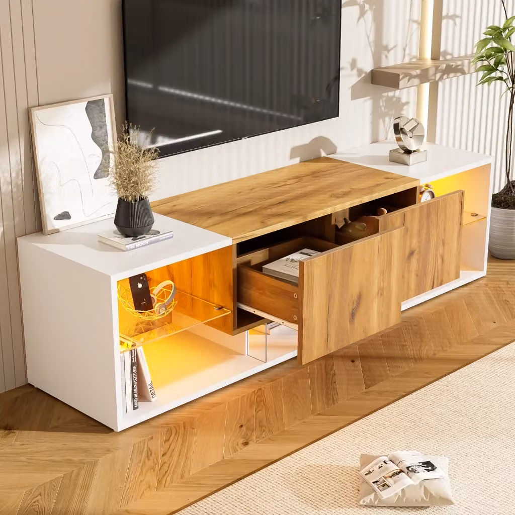 Cassettiera TV KOMHTOM moderna in legno e vetro con illuminazione integrata, L/P/H: 160 x 40 x 42 cm, colore bianco – 2