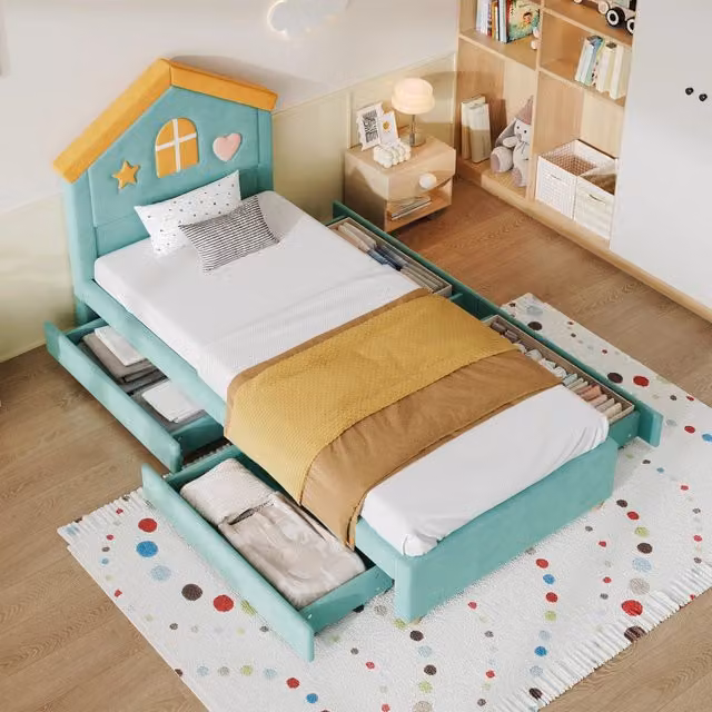 Letto bambino singolo imbottito 90×200 cm con testiera a forma di casa e 4 cassetti, senza materasso, velluto blu verde