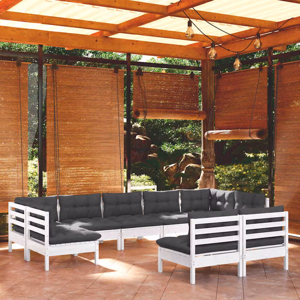 Set di divani da giardino vidaXL a forma di L composto da 9 pezzi in legno di pino con cuscini bianchi e antracite