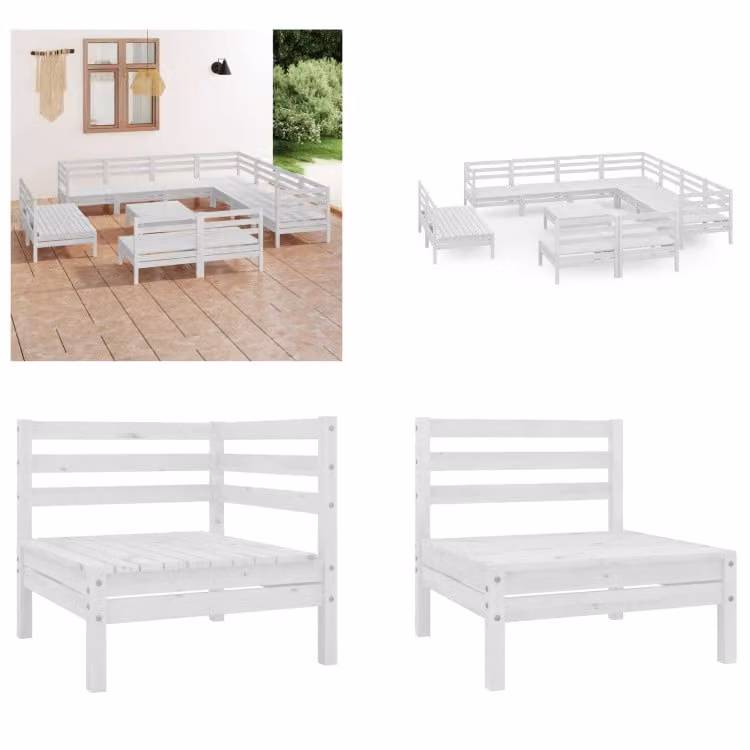 vidaXL 12 pezzi set salotto da giardino in legno massiccio di pino bianco - set salotto da giardino - set salotto da esterno - divano in legno - divano da giardino in legno