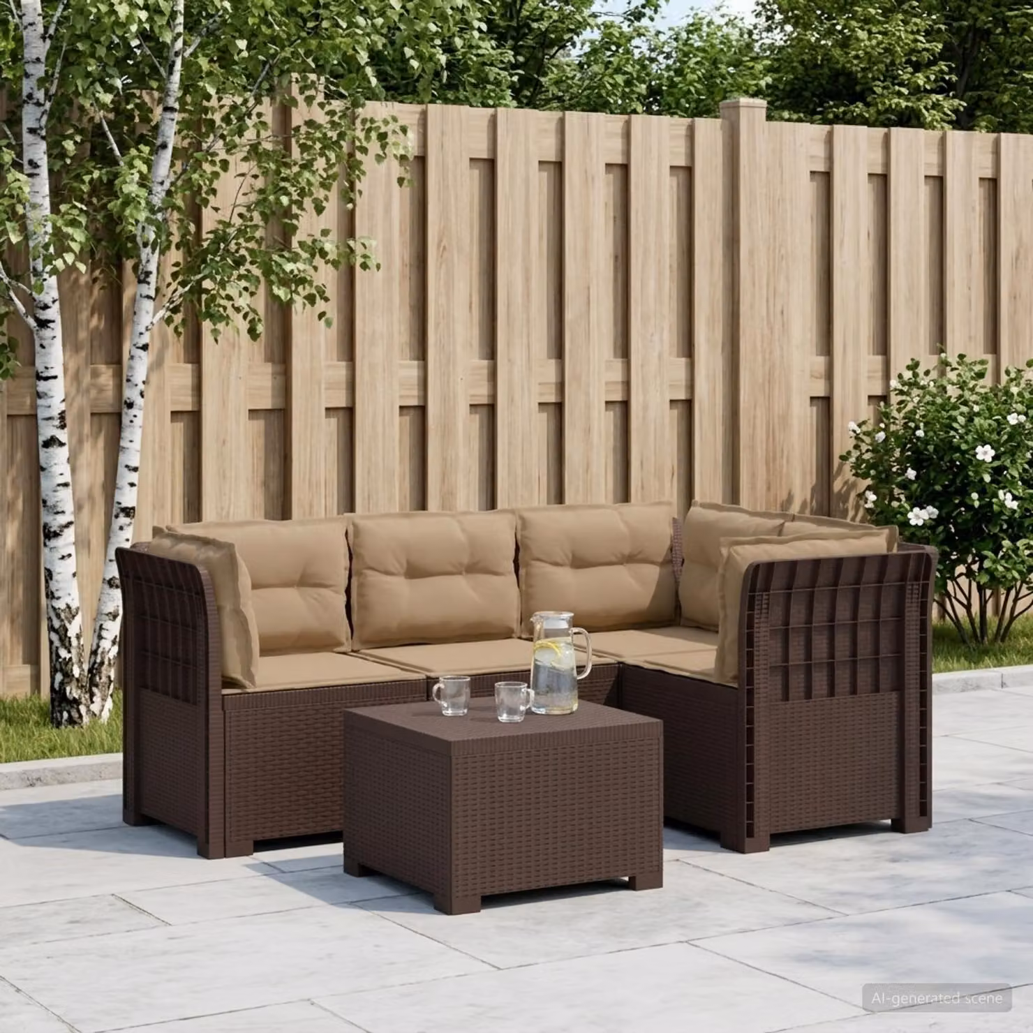 Set da giardino moderno vidaXL con divano angolare a L, poltrona e tavolino in polyrattan marrone con cuscini imbottiti e rivestimenti rimovibili