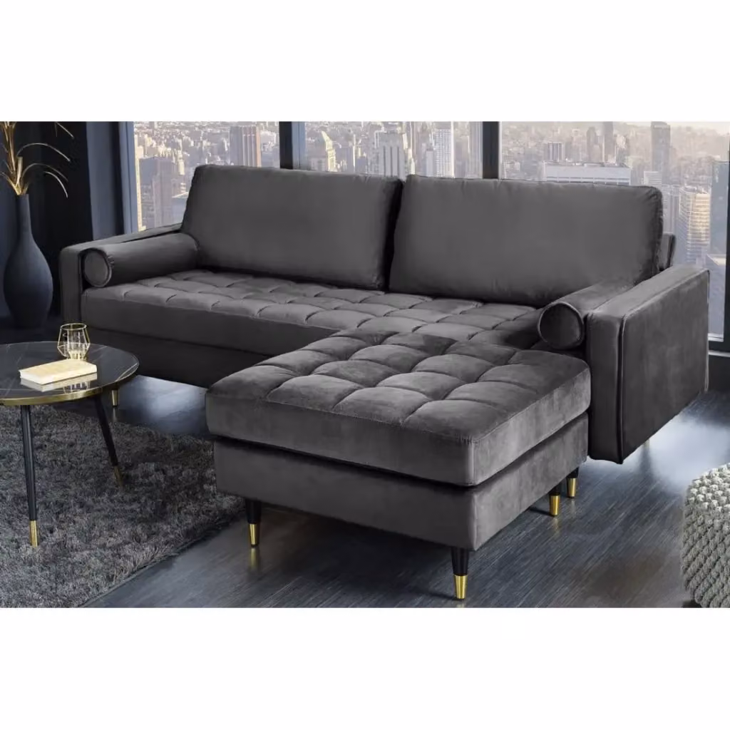 Divano ad angolo reversibile KOLIRI Meublorama in velluto grigio con pouf coordinato per soggiorno L/P/H: 165 x 82 x 90 cm – 2