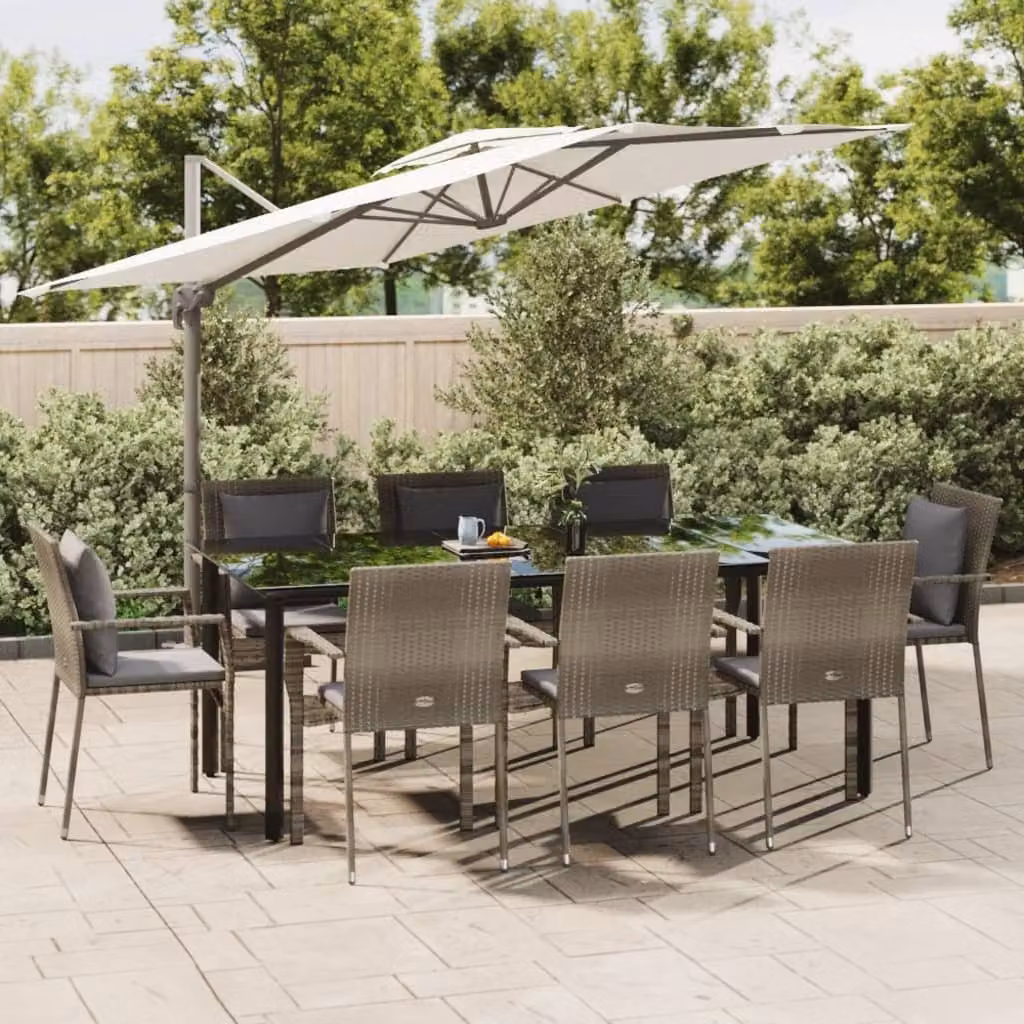 The Living Store Set da pranzo da giardino 9 pezzi con cuscini in poly rattan nero e grigio