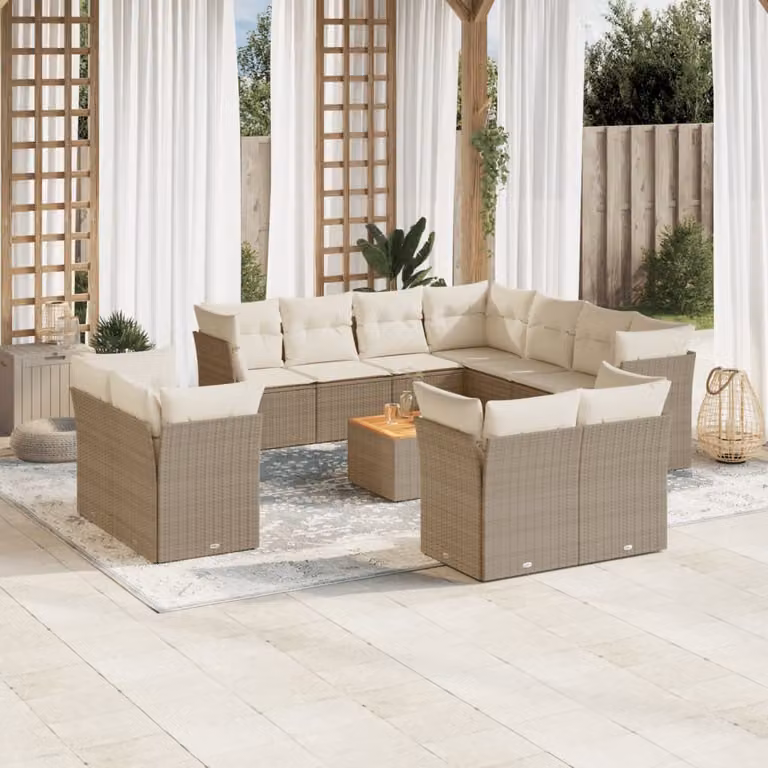 vidaXL Set Divani da Giardino a Forma di U in Polyrattan con Cuscini Beige e Tavolino da Esterno