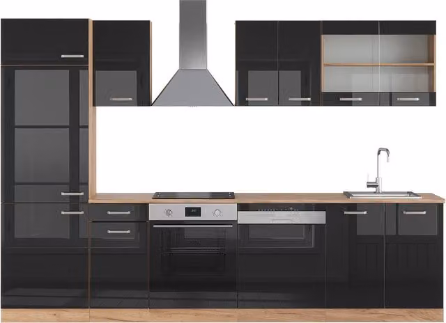 Cucina componibile moderna R-Line Vicco Nero lucido e Rovere dorato L: 300 cm – 1