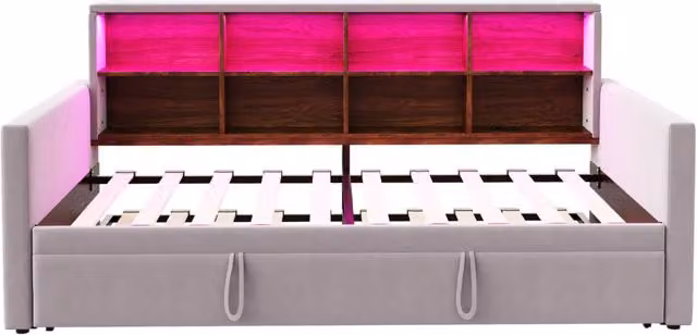 Letto divano imbottito 90x190 cm con contenitori integrati, luci LED e prese di ricarica, rivestimento in velluto grigio chiaro