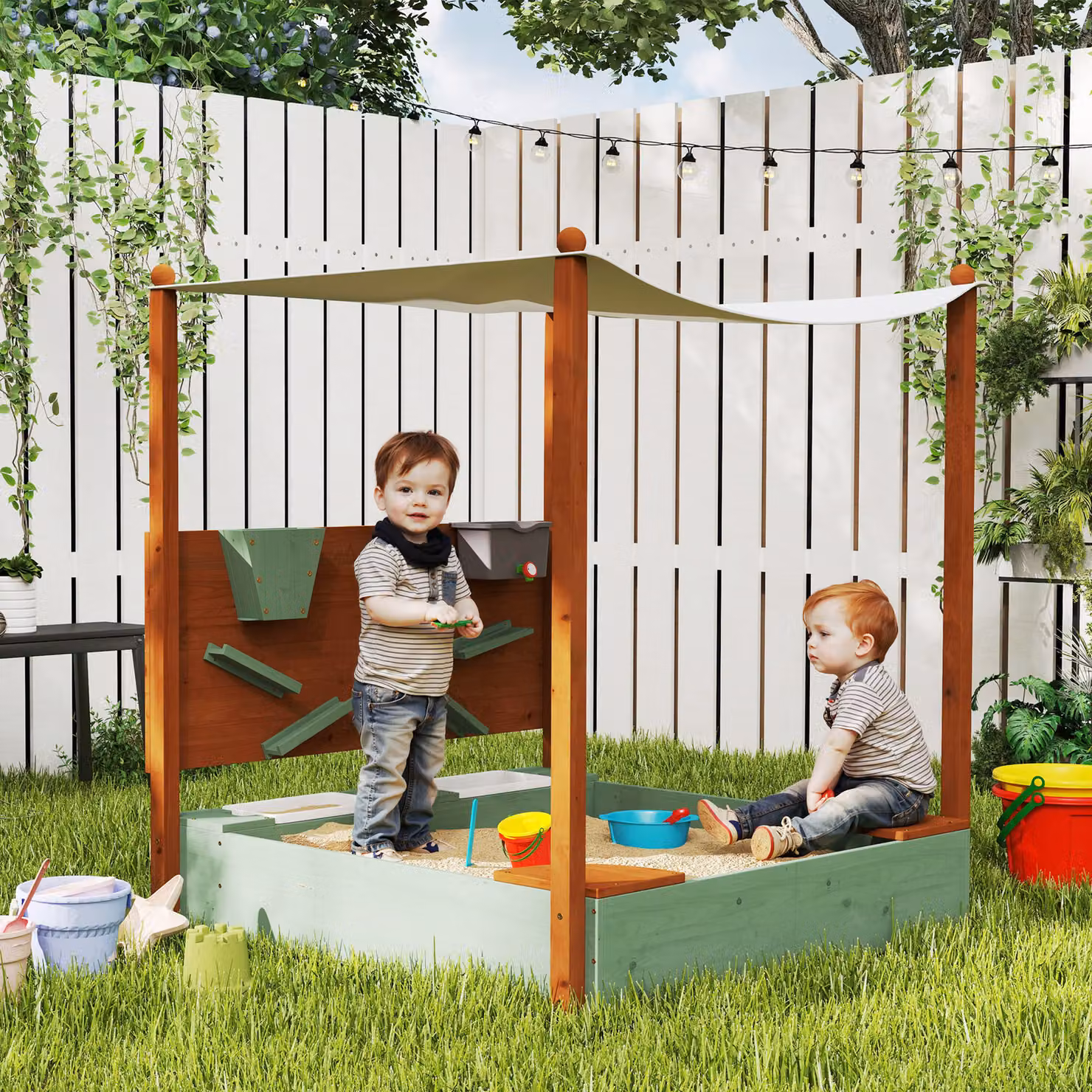 AIYAPLAY Sandbox con tettoia per bambini in legno di pino e plastica, Verde, L: 116 cm, P: 112,5 cm, H: 128 cm – 2