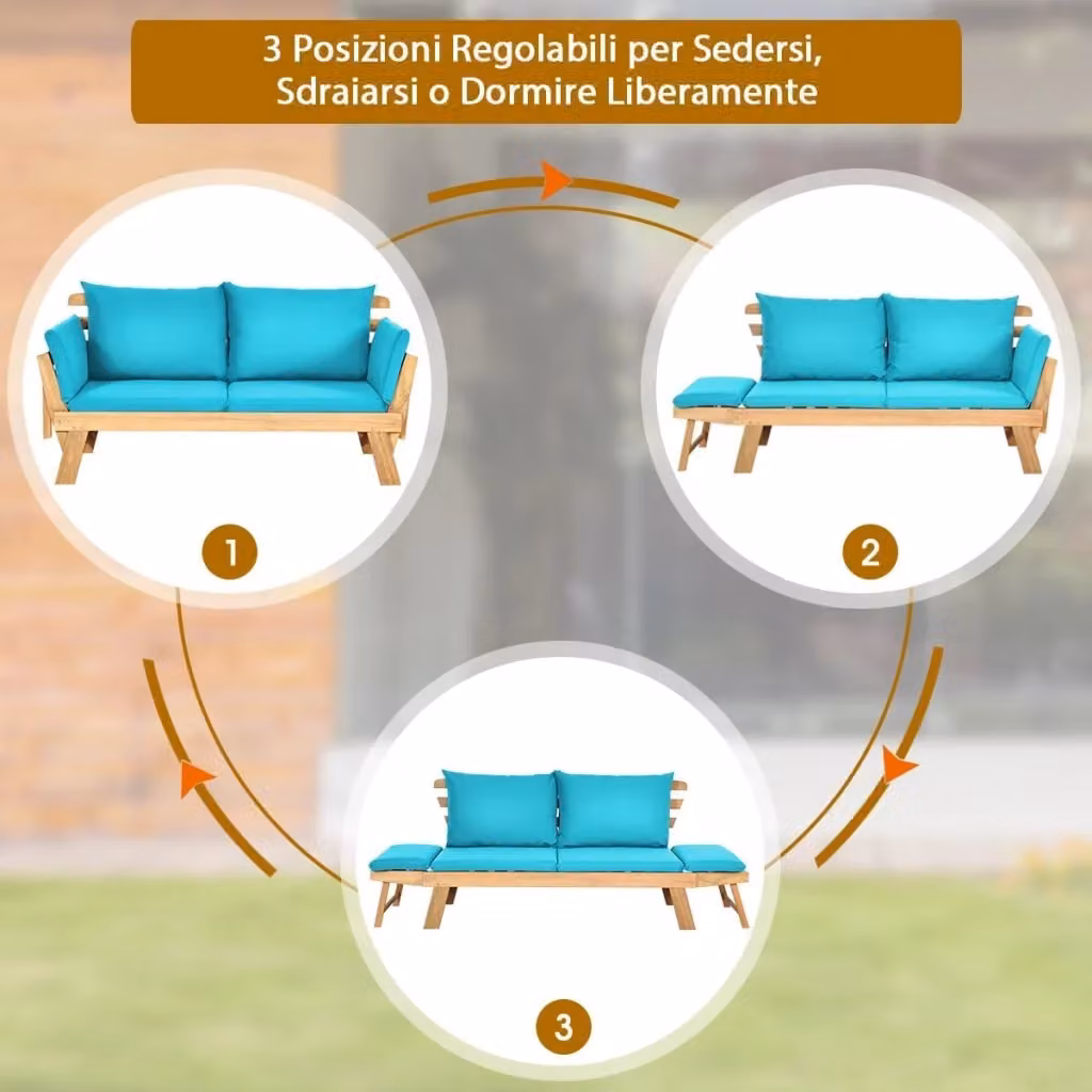 Divano Letto da Esterno a 2 Posti Costway in Legno di Acacia con Braccioli e Poggiatesta Regolabile e Cuscini, Chaise Longue Pieghevole Turchese per Giardino e Piscina – 2