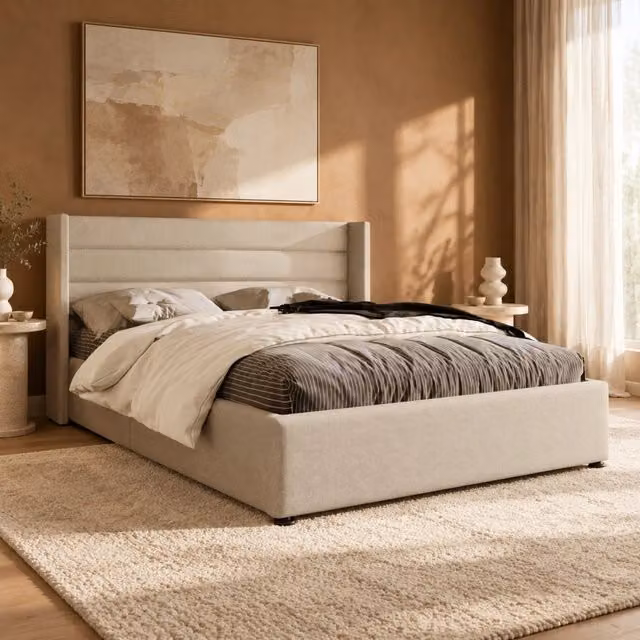 Letto matrimoniale contenitore ULEVR 160x200 cm con sollevamento idraulico e testiera imbottita, beige