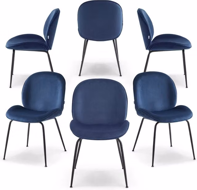 Set 6 sedie imbottite per sala da pranzo VITTORIA, design moderno, gambe coniche robuste in metallo, rivestimento in tessuto idrorepellente morbido al tatto colore Blu Notte