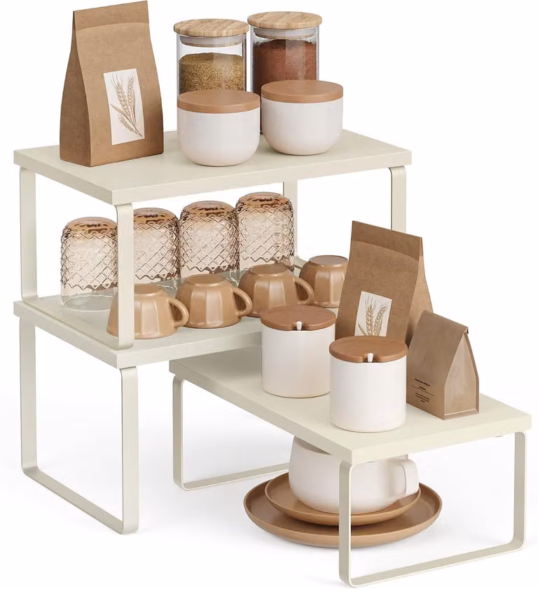 Set di 3 organizer per armadietti da cucina - Ripiani portaoggetti per armadi - Impilabili e scorrevoli - Realizzati in legno e metallo
