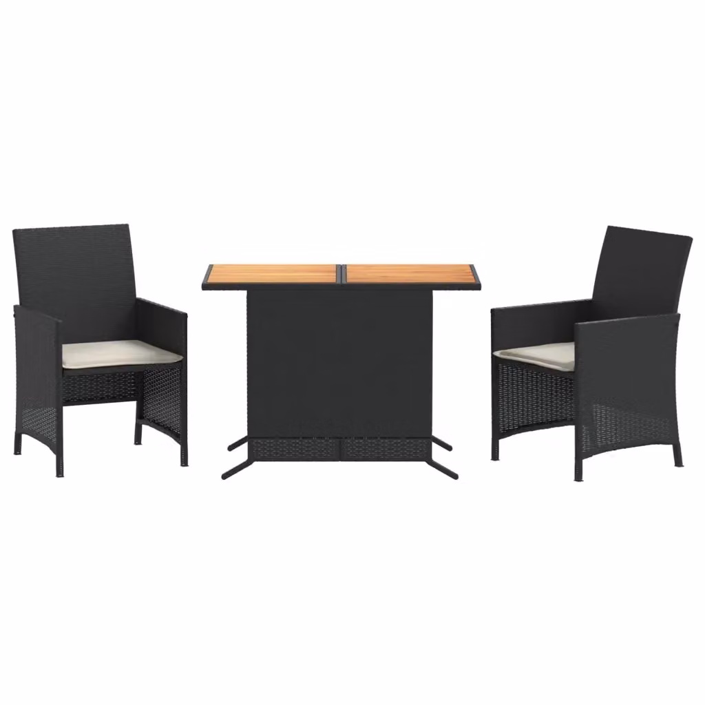 Set da Bistrò vidaXL in Polyrattan e Legno di Acacia con Cuscini, Nero e Bianco, 3 Pezzi – 2