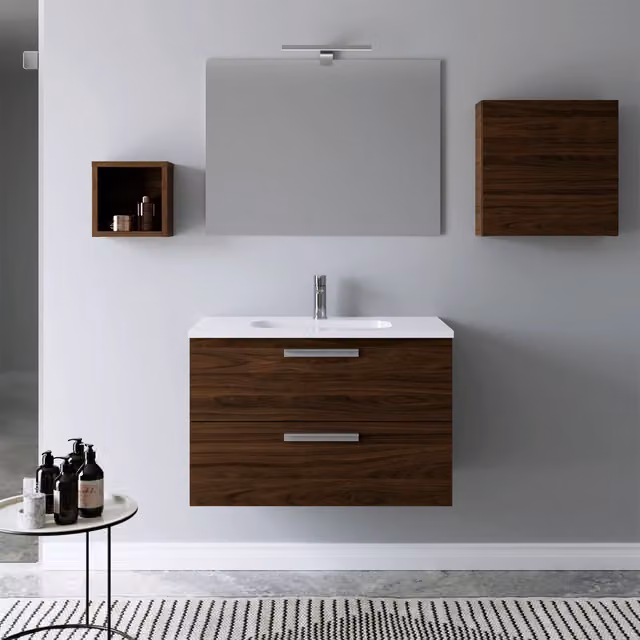 Mobile da bagno sospeso 100cm rovere tabacco con lavabo e specchio | Jasper