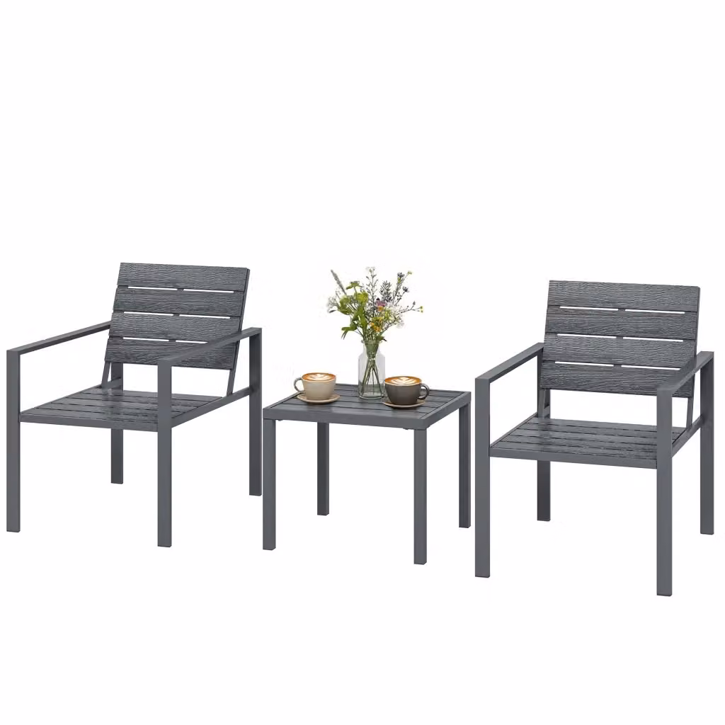 Set Giardino Minimal con Sedie e Tavolino Quadrato in Metallo e HDPE Grigio Scuro – 2