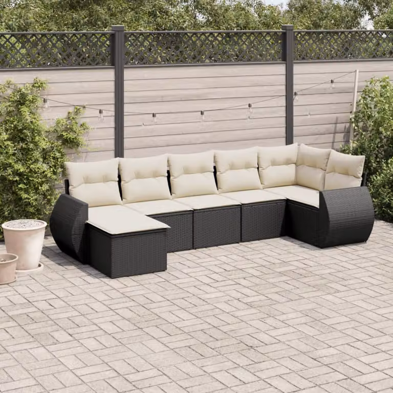 vidaXL Set Divani da Giardino a L con Cuscini 7pz Nero e Bianco in Polyrattan e Metallo