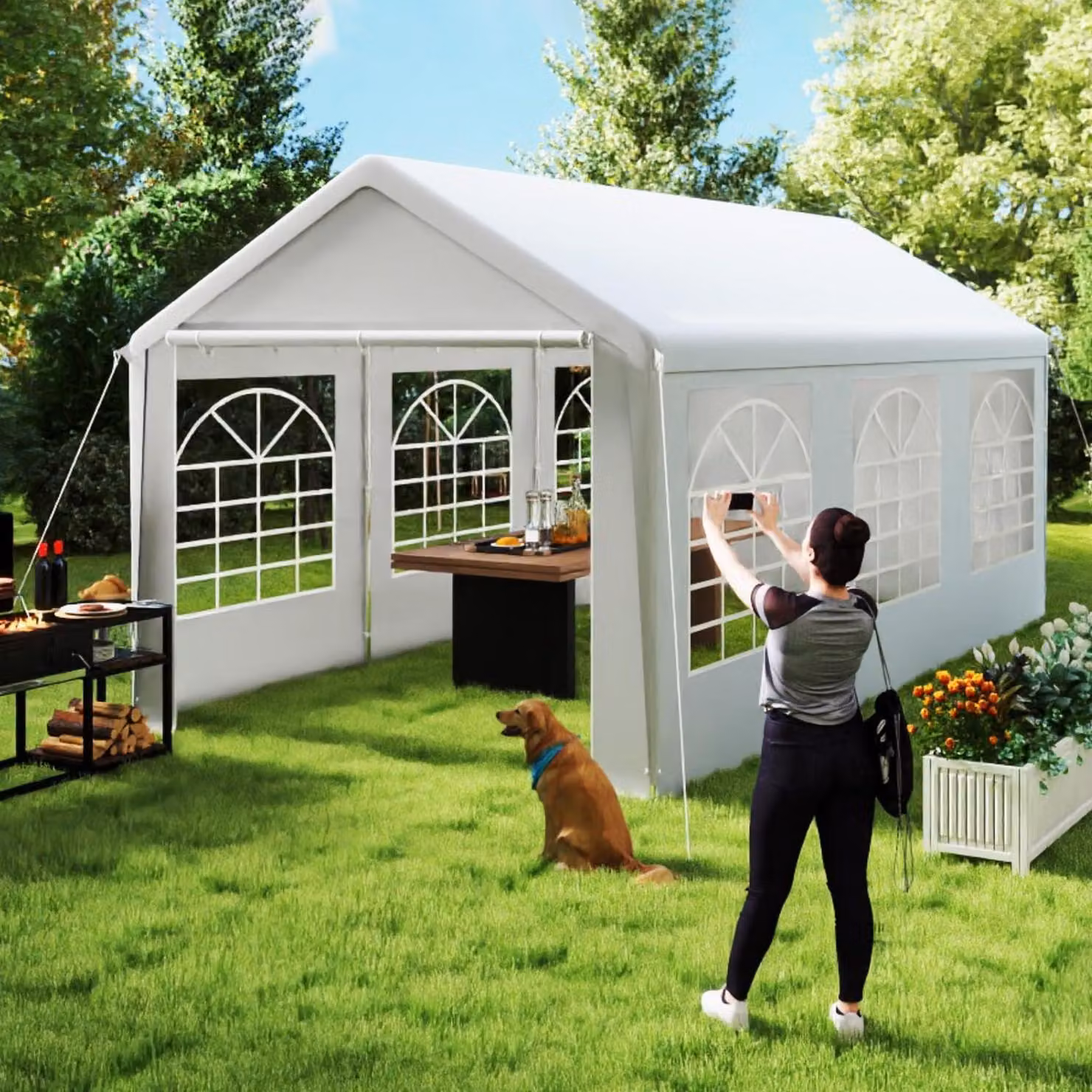 Tenda da festa 3x6 metri, colore bianco, realizzata in polietilene (PE) da 200 g/m². Tetto in polietilene da 130 g/m². Pareti laterali con finestre e struttura in acciaio. Impermeabile e con protezione UV