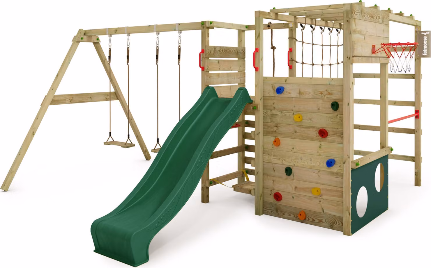 Struttura per arrampicata Fatmoose ActionArena Air XXL con altalena doppia e scivolo, colore verde