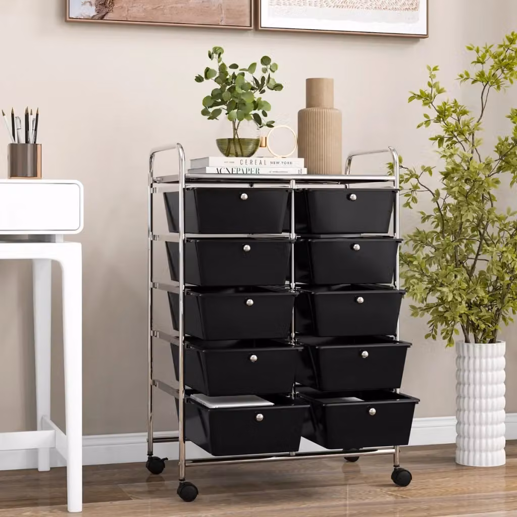 Carrello organizzatore multiuso DESIGN IN con 10 cassetti in metallo e ruote, Nero opaco – 2