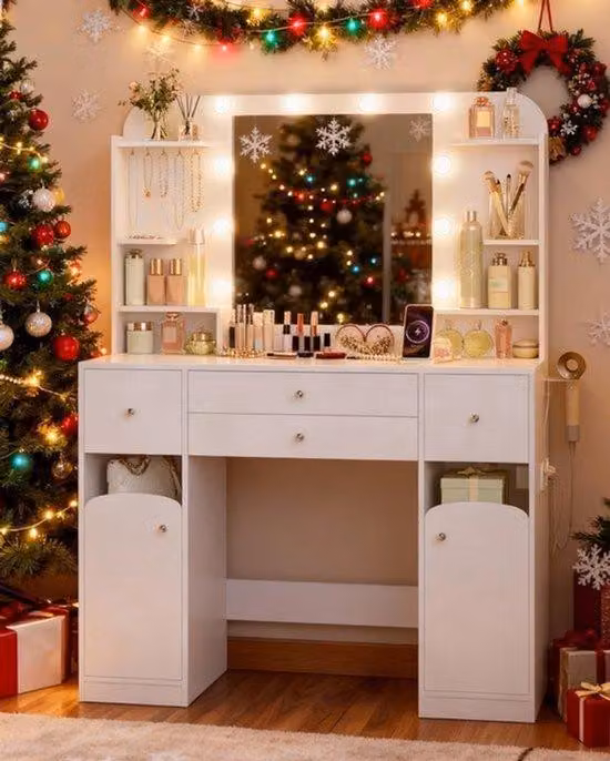 Scrivania con illuminazione a LED e ampio piano di lavoro di 108 cm, completa di due cassetti