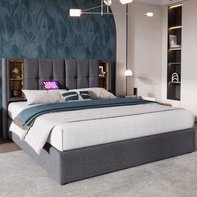 Letto matrimoniale imbottito 160x200 cm con contenitore; ricarica wireless e materasso; grigio