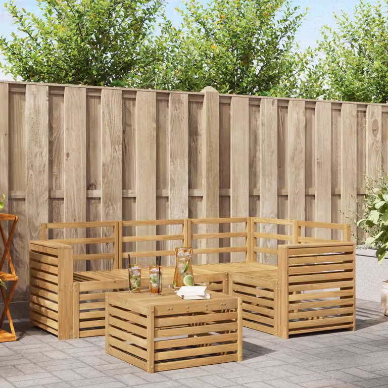 vidaXL Set di divani da esterno a L composto da 5 pezzi in legno di acacia massello con cuscini bianchi e marroni per giardino e terrazza
