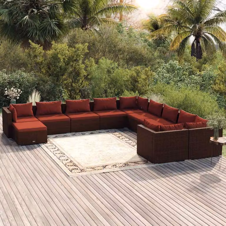 Set di divani da giardino vidaXL 11 pezzi in rattan marrone con cuscini e struttura in acciaio