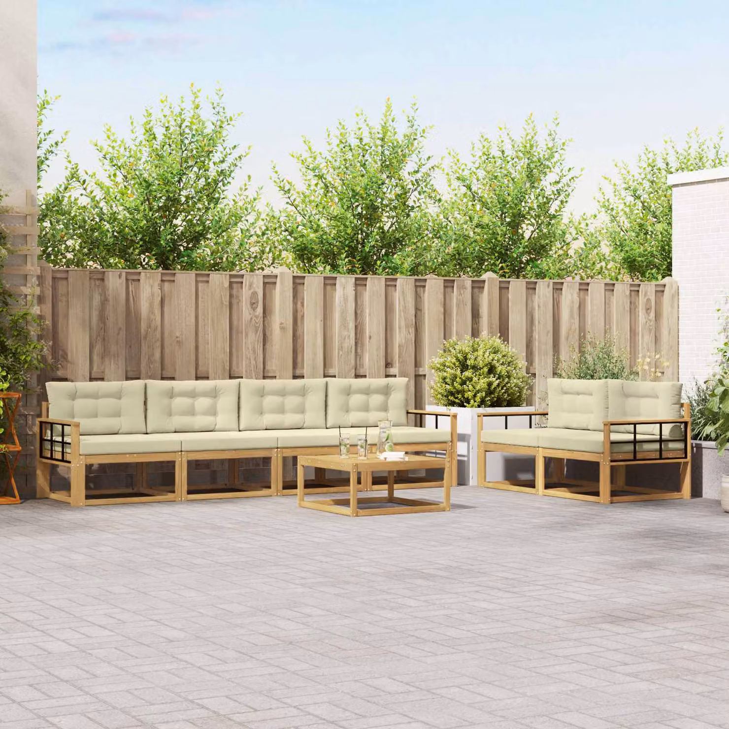 Set di divani da esterno vidaXL a forma di L composto da 6 pezzi in legno di acacia con cuscini, colore bianco e beige