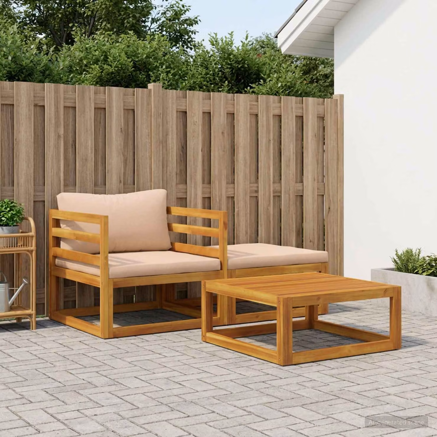 Set di mobili da giardino vidaXL composto da divano a 2 posti, tavolino da caffè e pouf in legno di acacia con cuscini beige