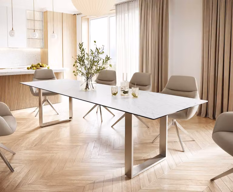 Tavolo da pranzo DELIFE Edge 300x100 Vetroceramica Laminam® Statuarietto Bianco Acciaio inox Sottile