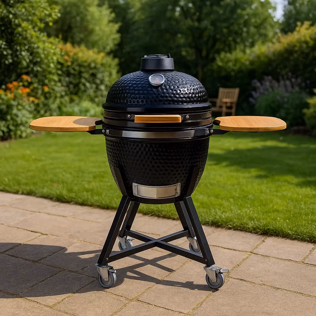Kamado Barbecue a Carbone in Ceramica Nero con Termometro e Ruote L: 73 cm, P: 69 cm, H: 58 cm – 2
