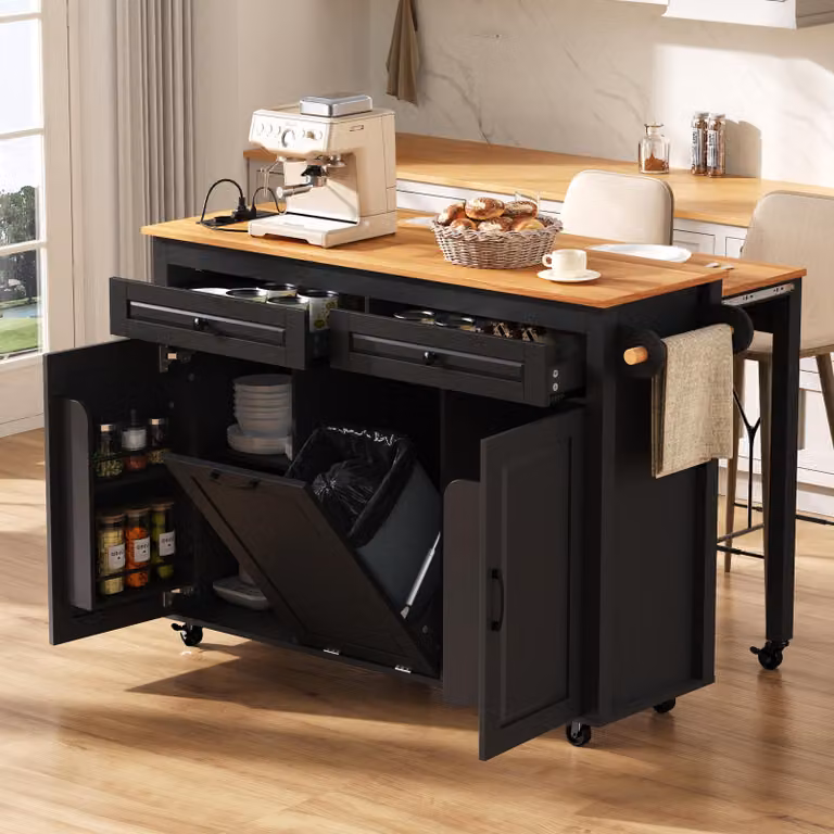 MODFU Mobile buffet ad isola per cucina con prese di corrente e rotelle, tavolo da pranzo ad isola per cucina con piano di lavoro e vano portarifiuti, nero