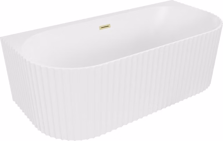 Mexen Sella vasca da bagno freestanding a parete scanalata 150 x 75 cm, bianca opaca, troppo pieno oro spazzolato