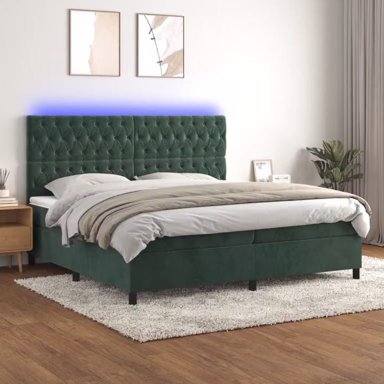 The Living Store Letto a molle con materasso e LED Verde scuro 200x200 cm in velluto