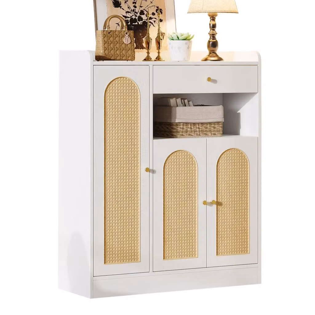 Armadio porta scarpe Minimal bianco in legno e rattan con ante e cassetto, L: 90 cm, P: 35 cm, H: 110 cm – 2