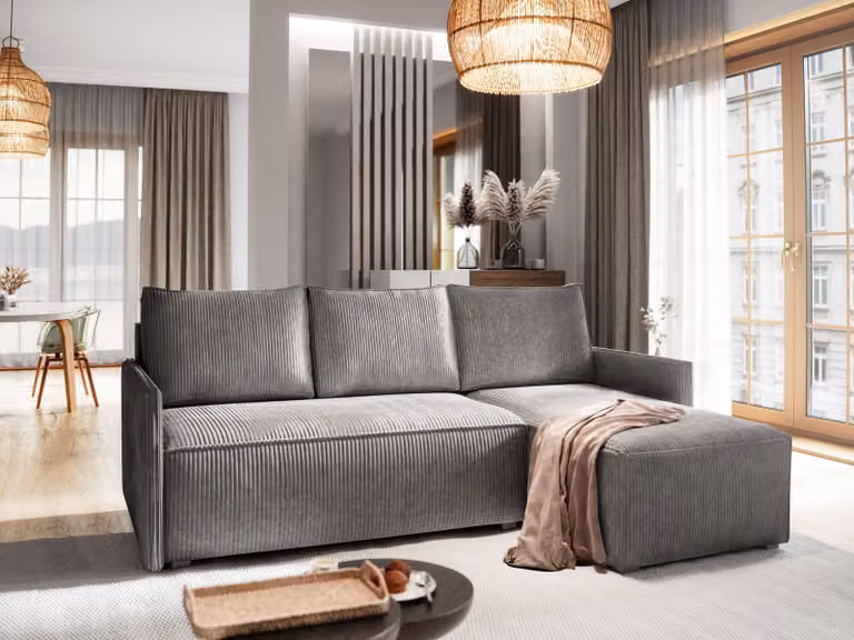 Divano angolare Masseno PERUSI con funzione letto a L, divano con box letto, divano da salotto, divano, divano, divano letto, set di divani - grigio, POSO 60