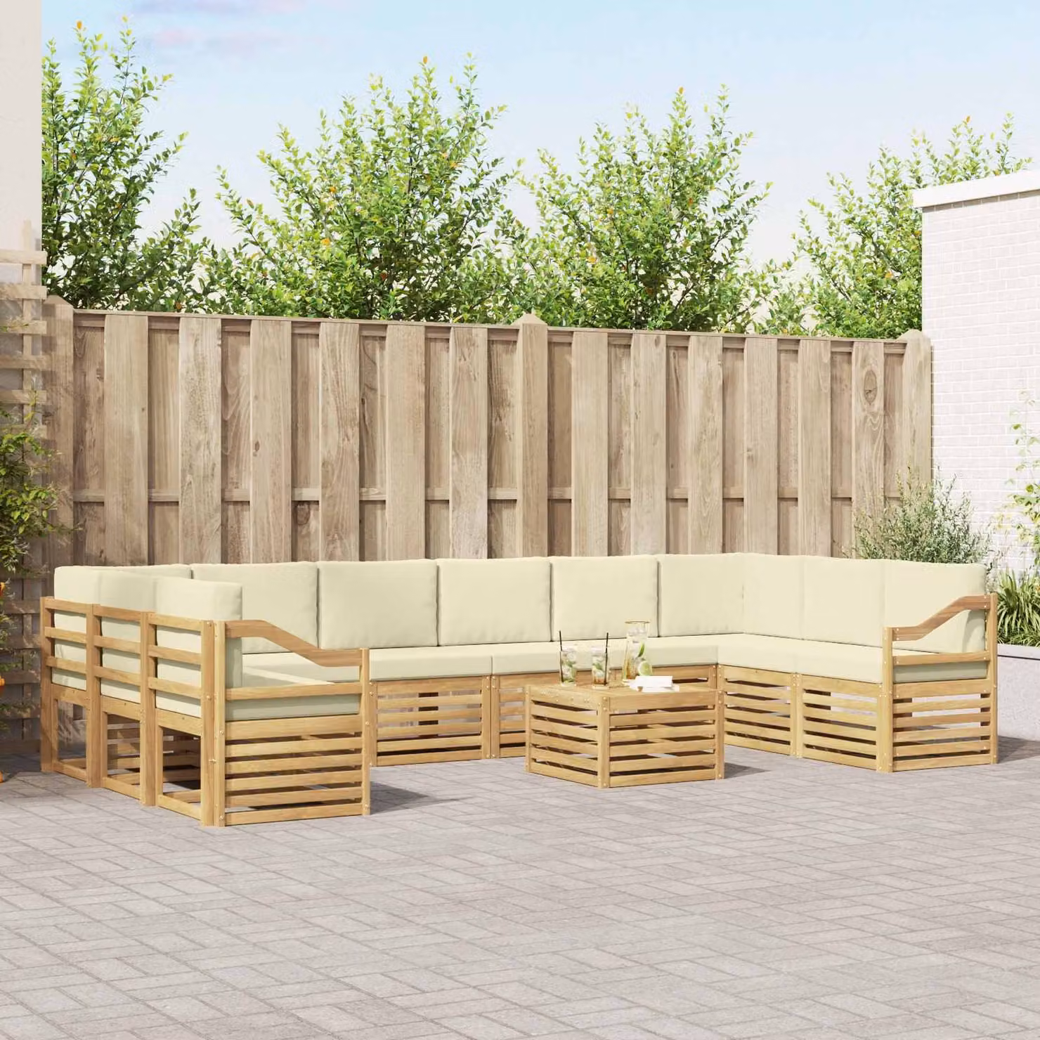 Set di divani da esterno vidaXL 11 pezzi in legno di acacia con cuscini Bianco e Beige