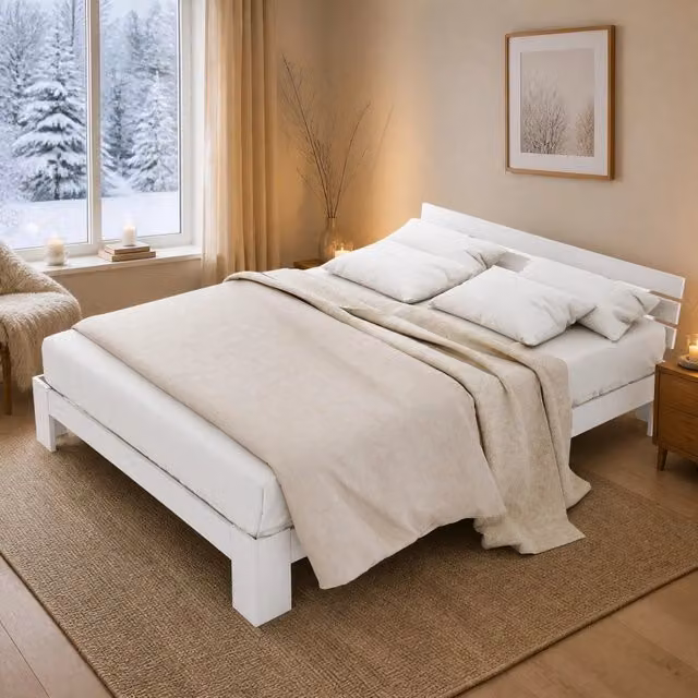 Letto 140x200 cm bianco con testiera e rete a doghe, senza materasso