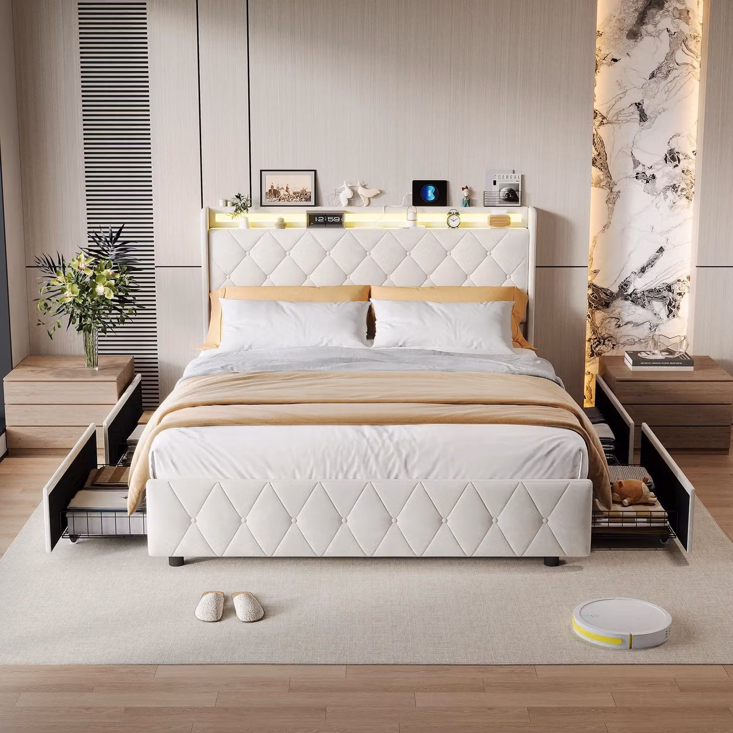 Letto imbottito Moonbite con spazio contenitore, dimensioni 140x200 cm, con illuminazione LED e prese USB, colore blu-grigio – Colore rilassante, testiera imbottita