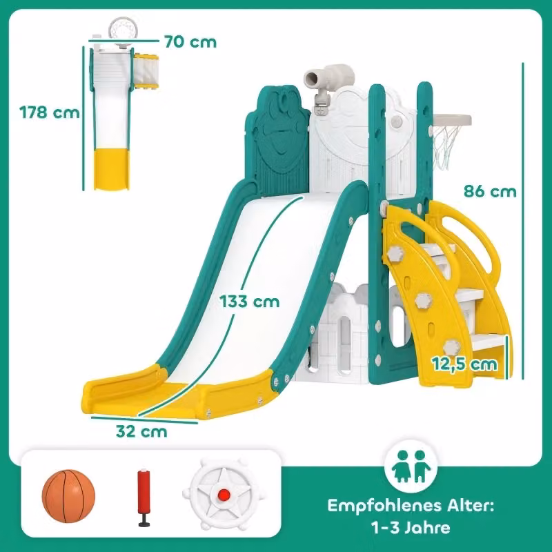 Scivolo Modulare 5 in 1 REDOM Giallo con Canestro e Telescopio in HDPE, L: 178 cm, P: 70 cm, H: 86 cm – 2
