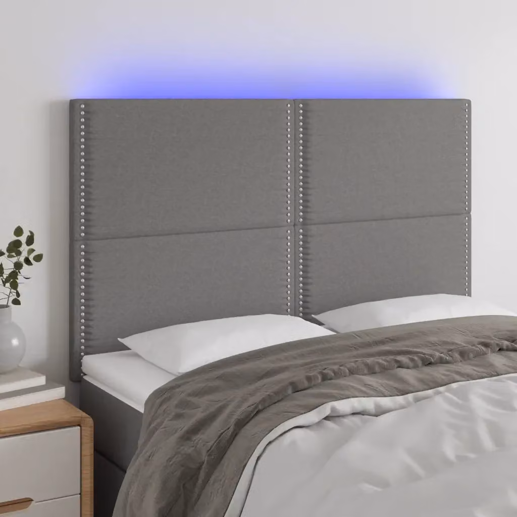 Testiera moderna in tessuto grigio con illuminazione LED integrata e porta di ricarica USB, L: 144 cm, P: 5 cm, H: 118/128 cm – 2