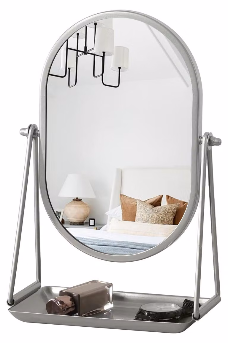 Specchio da trucco girevole a 360 gradi - Specchio da scrivania - Base in metallo - Base multifunzionale con spazio contenitore - Design elegante - Avvertenza di sicurezza - Specchio per scrivania