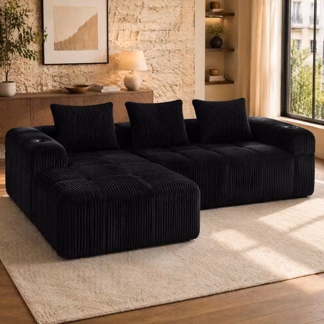 Sofa modulare in corduroy nero con tasche laterali e portabicchieri; 253 x 158 x 61 cm