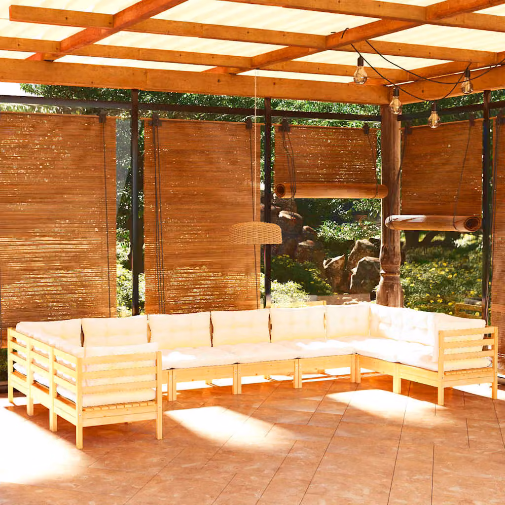 vidaXL Set Divani da Giardino 10 pz a Forma a L in Legno di Pino con Cuscini Beige