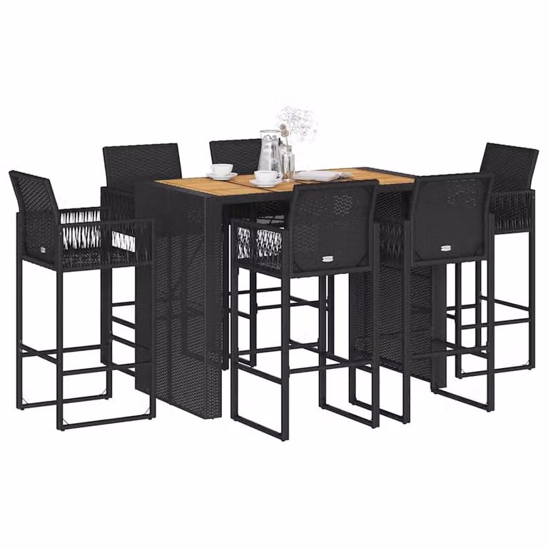 Set Bar da Giardino vidaXL in 7 Pezzi in Polyrattan e Legno di Acacia Nero