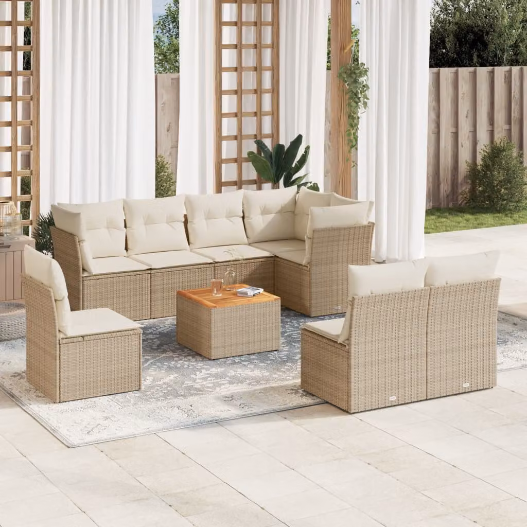 vidaXL Set Divano da Giardino 9 pz in Polyrattan con Cuscini Beige e Tavolino da Esterno – 1