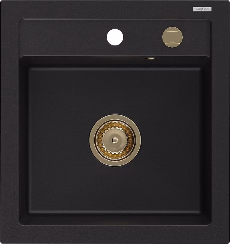 Mexen Vito lavello da cucina in granito 1-vasca 520 x 490 mm, nero, sifone dorato - 6503521000-77-G