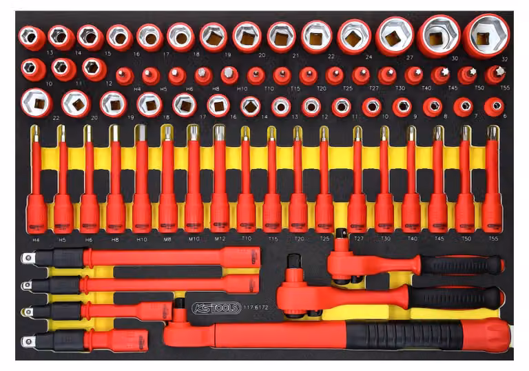 Set di chiavi a bussola isolate da 3/8"+1/2" con chiave dinamometrica in vassoio di schiuma, 72 pezzi
