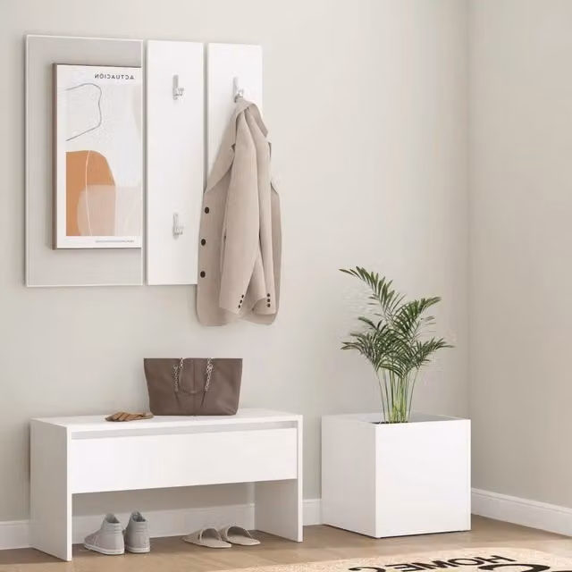 Set di mobili da corridoio vidaXL bianco in legno e plastica con panca, specchio e appendiabiti con ganci – 1